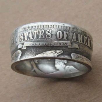 

American Morgan Coin Rings Handmade Vintage Morgan 1875 Carved "the United State Of American" Ring Men Collecting Jewelry