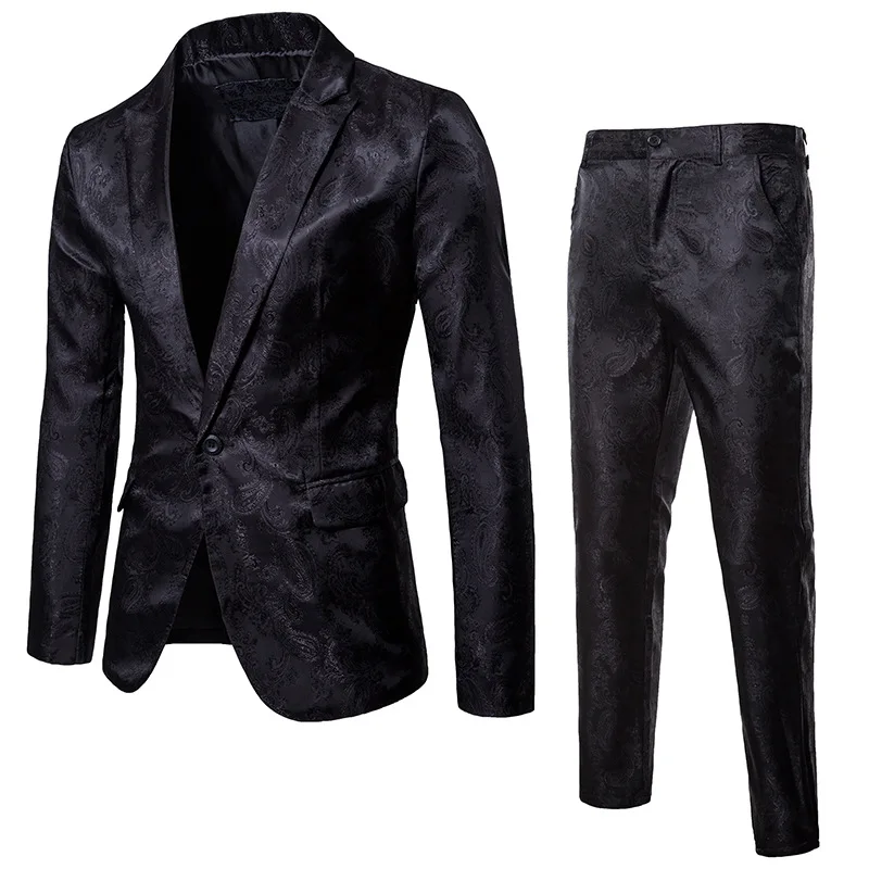 (Jacket + Pants) Men's Business Casual Slim Suit Men's Fashion Print Glossy Dark Tuxedo Wedding Dress Suit Stage Performance Set