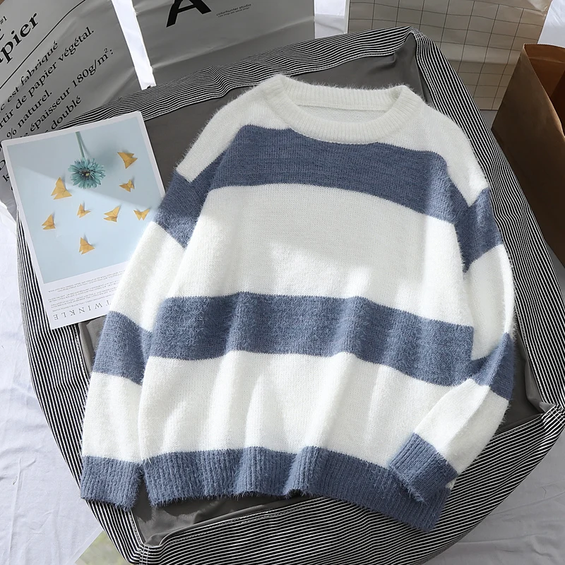 

Striped Pullovers Women Sweaters Long Sleeve Blue White Color Block Loose Jumpers Female Autumn Knitwear O Neck Clothes
