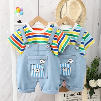 

2020 Summer Baby Boys Girls Clothing Sets Stripe Short Sleeve T Shirt Denim Shorts Infant Clothes Children Clothing