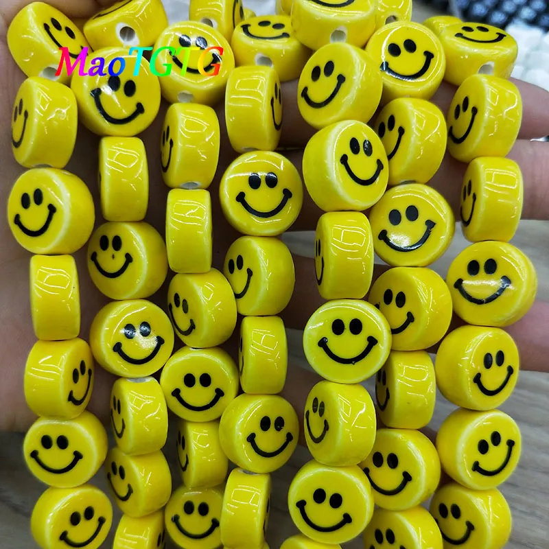 16mm Yellow Smile Face Ceramic Beads For Jewelry Making Bracelet Necklace Smily Loose Spacer Ceramic Bead Accessories Wholesale