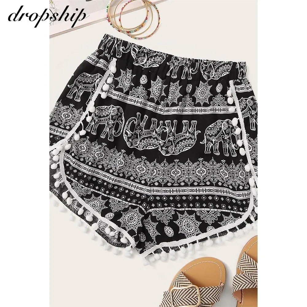 

Dropship Shorts Womens High Waisted Spandex Summer Black Overall Ladies Sexy Casual Boho Loose 2019 Elephant Print Tassel