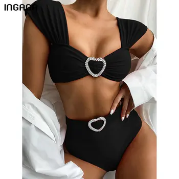

INGAGA High Waist Bikini Set Push Up Swimsuit Female 2020 Black Swimwear Women Sexy Ruched Biquini Bathing Suit Women Bathers