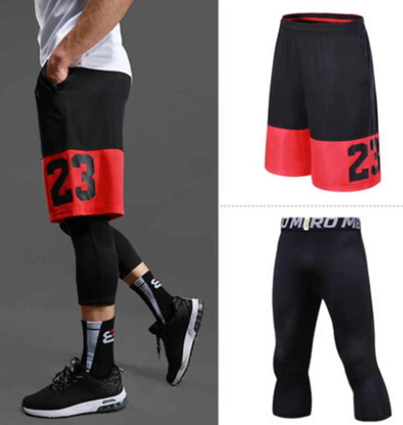Мужские баскетбольные наборы, спортивные быстросохнущие тренировочные шорты+ колготки для мужчин, футбольные упражнения, Пешие прогулки, бега, фитнеса, йоги, M-5XL - Цвет: 8901 88600 sets