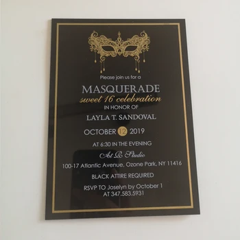

New 2019 free design custom gold foil acrylic card wedding invitation card,black mask acrylic card with gold foil frame