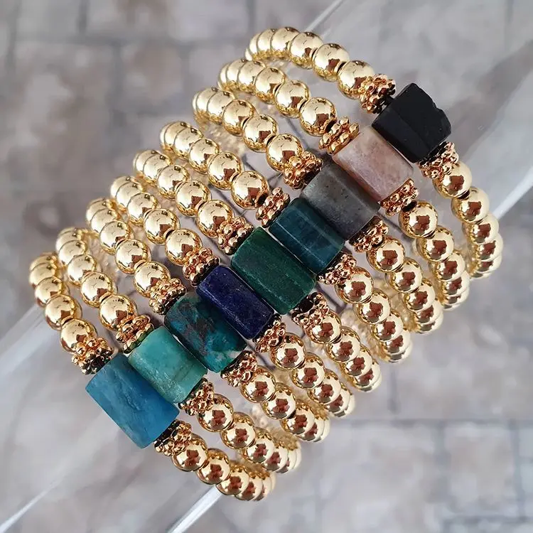 

5Pcs Natural Blue Kyanite Apatite Tourmaline Stone Chunky Beads 8mm Gold Copper Beads Cord Knotted Adjustable Handmade Bracelet