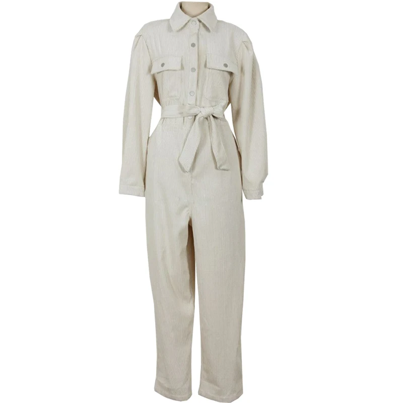 Spring 2020 Corduroy Jumpsuits Romper Women High Fashion Button Jumpsuit Female Casual Overalls