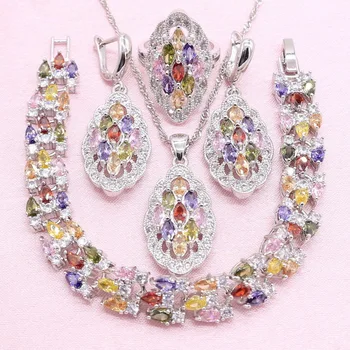 

Multicolor Stones CZ Silver Color Color Jewelry Sets For Women Charms Necklace Pendant Bracelets Earrings Rings Christmas Gift