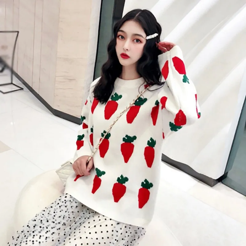 

Women Sweater Autumn Winter New Carrot Pattern Print Sweater Casual Loose Long-Sleeved Round Collar Knit Bottom Sweater!