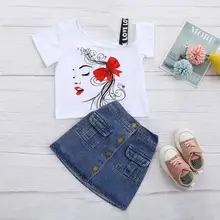 

2Pcs/Set Beautiful Kids Outfit Irregular Neck Denim Skirt Pretty Short-sleeved Summer Floral Print Girls Outfit for Going Out