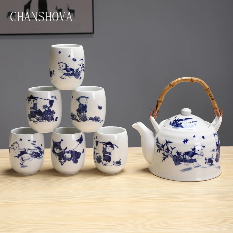 CHANSHOVA китайский Ретро фарфоровый чайный сервиз с бамбуковой ручкой, китайский кунг-фу 900 мл, керамический чайный сервиз, аксессуары для украшения дома H205
