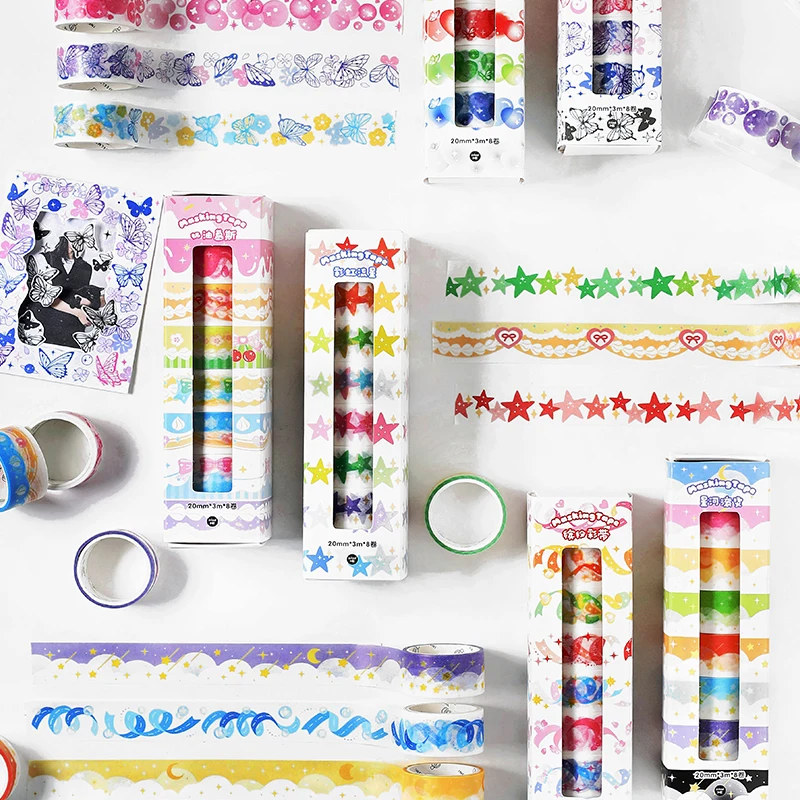 

PATTY 8pcs Color Ribbon Washi Tape Set 20mm Rainbow Star Moon Bubble Adhesive Masking Tapes Diary Album Decoration Stickers F720
