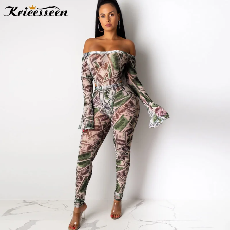 

Kricesseen Casual Money Print Two Pieces Pant Set Women Off The Shoulder Bodysuit And Long Pant Bodycon Jumpsuit Suits