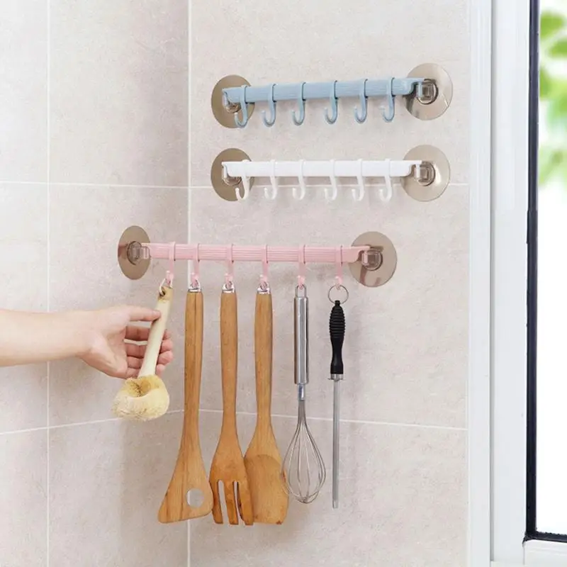 6 Even Row Of Hooks Strong Adhesive Hook Kitchen Wall Hanging Creative Bathroom Nail-free Seamless Rack Hanger Shelves | Дом и сад