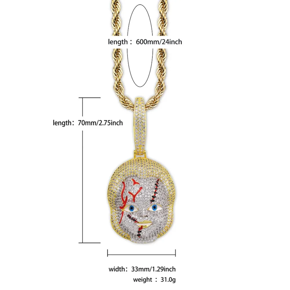 TOPGRILLZ льдом Чаки кулон ожерелье микро проложить кубического циркония с твердой задней хип хоп ювелирные изделия уличная одежда