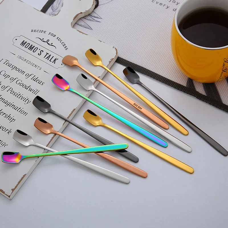 

5 Colors Stainless Steel Square Shaped Spoon with Long Handle Ice Coffee Milk Tea Spoon Home Kitchen Tableware Stirring Scoop