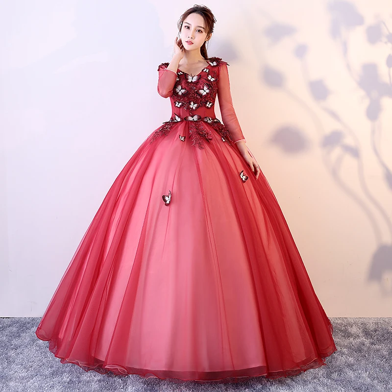 Халат De Bal бордовые платья Quinceanera с длинным рукавом Пышное 3D Апликация в виде бабочки Сладкий 16 платья светится в течение 15 лет Vestido дебютанток