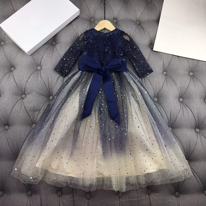 Платье-пачка для девочек роскошное Брендовое платье Детское блестящее свадебное платье праздничное платье принцессы с бантом платье с фатиновой юбкой и длинными рукавами