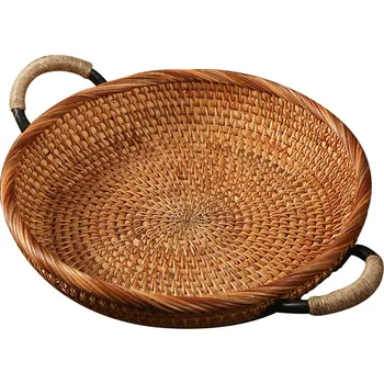 

Handmade Vine Woven Fruit Tea Cake Tray Melon Seeds Bread Bamboo Wooden Basket Japanese Desktop Storage Bowl