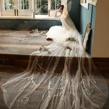 LZP545 Luxury Handmade Full Beads Wedding Veil With Sequined Lace Long Bridal Veil