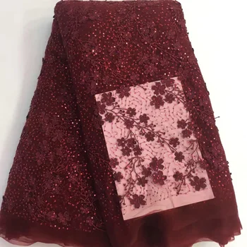 

(5yards/pc) high quality African tulle lace wine red French net lace fabric with delicate embroidery and sequins FZZ644