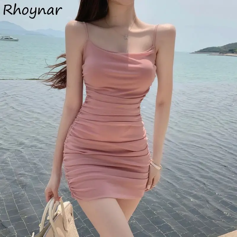 

Sleeveless Dress Women Solid Mini Shirring Simple Sexy Beach Female Sundress Aesthetic Slim Fit Tender Design Stylish Popular