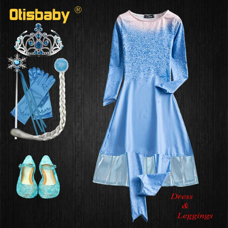 Рождественское платье Эльзы для девочек; платье Снежной Королевы; 2 светло-голубого цвета с длинными рукавами; леггинсы; костюм Эльзы на Хэллоуин; комплект детской одежды