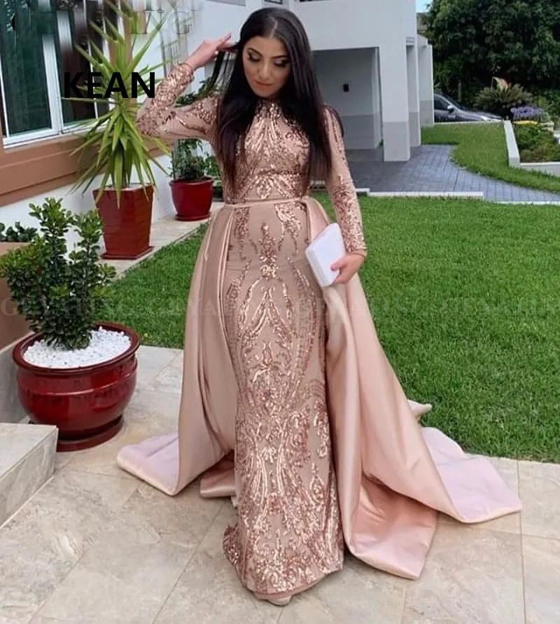 

Peach Muslim Evening Dress Sequin Lace Full Sleeve Detachable Train vestido Islamic Dubai Kaftan Saudi Arabic Evening Prom Dress