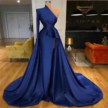 Robe de soirée asymétrique épaule dénudée, manches longues, bleu marine foncé, robe d'occasion, robe de bal en Satin fendue avec traîne, collection 2022 