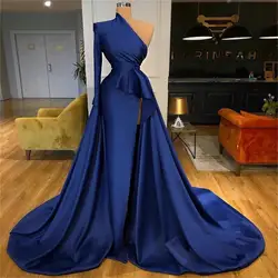 2022 Charming Evening Dresses One Shoulder Long Sleeve Dark navy Blue Lady Occasion Gowns Sweep Train Split Satin Prom платье
