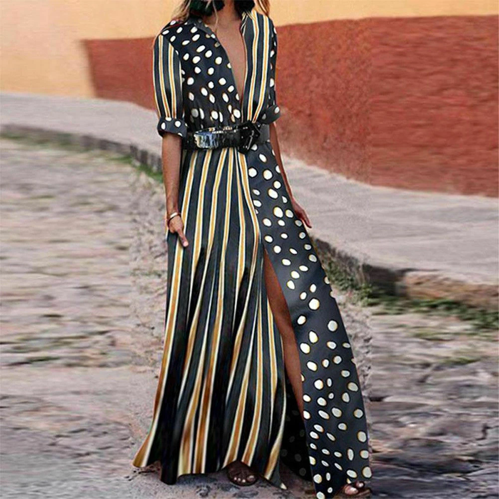 

Plus Size Sexy Women Long Dress Vintage Polka Dot White Black Print Retro Bodycon Women Short Sleeve Maxi Beach Dress