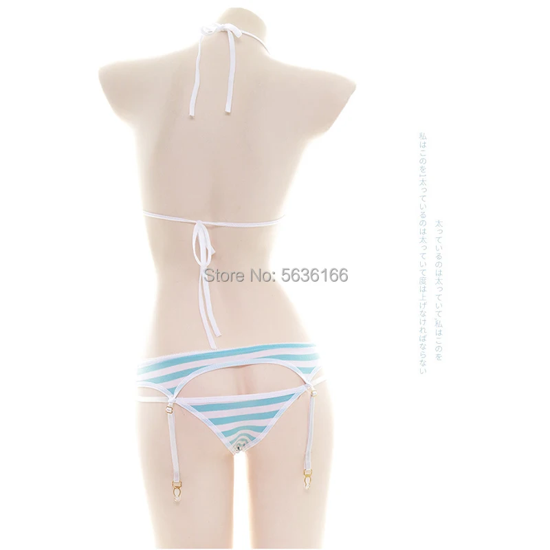 Lingerie sexy giapponese Lolita Kawaii Blu Rosa Bianco a strisce Mini bikini Cosplay per adulti Costumi erotici Reggiseno da donna_voghion.com