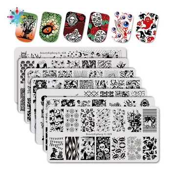 

BeautyBigBang 7Pcs Halloween Theme Rectangle Nail Stamping Plate Cat Spider Skull Net Design Nail Art Tool