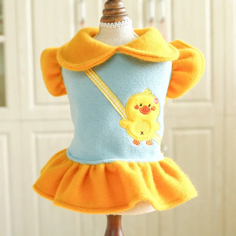 

Winter Pet Clothes For Small Dog Cute Duckling Animals Printed Yellow Dress Woolen Strap Pet Dresses Es Disfraz Perro Shih Tzu