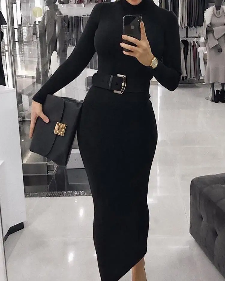 High Neck Long Sleeve Slinky Midi Dress Women Elegant Solid Skinny Bodycon Party Dress(Without Belt