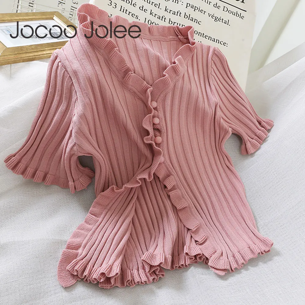 

Милые шикарные Вязаные Рубашки Jocoo Jolee, женские однобортные укороченные свитера с V-образным вырезом, Высокоэластичный облегающий кардиган, корейские вязаные топы