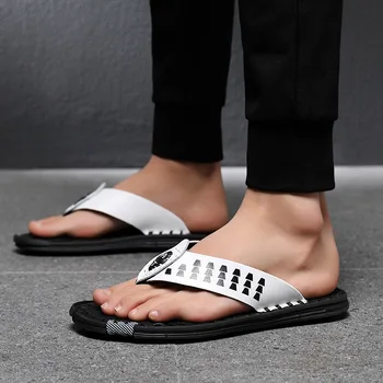 

2020 Genuine Leather Sandals Men Summer Shoes Flat Mens Beach Sandals Flip Flops Non-slip Male Summer Holiday Shoes White KA2320
