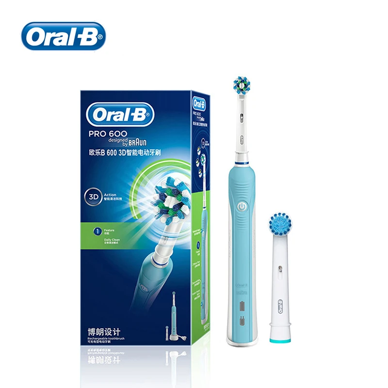 Электрическая зубная щетка Oral B Pro600 перезаряжаемая 100% водонепроницаемая с 2