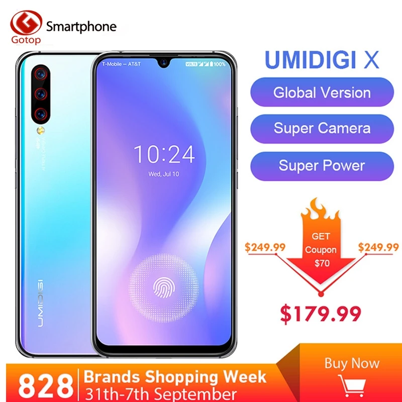 UMIDIGI X In-screen Fingerprint 6,35 AMOLED дисплей глобальная версия 48MP Тройная задняя камера 128 ГБ 4 ГБ Helio P60 4150 мАч мобильный телефон