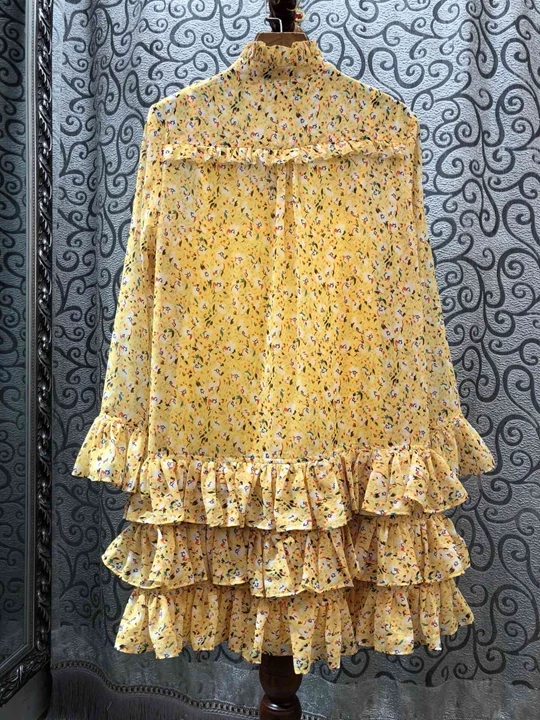 High Quality New Autumn Fashion Dress Women Charming Floral Print Cascading Ruffle Sexy Party Long Sleeve Yellow Dress Club