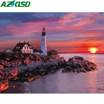 

AZQSD Unframe DIY Paint By Number On Canvas Kits Lighthouse Oil Painting By Numbers Scenery Acrylic Paint Home Decoration