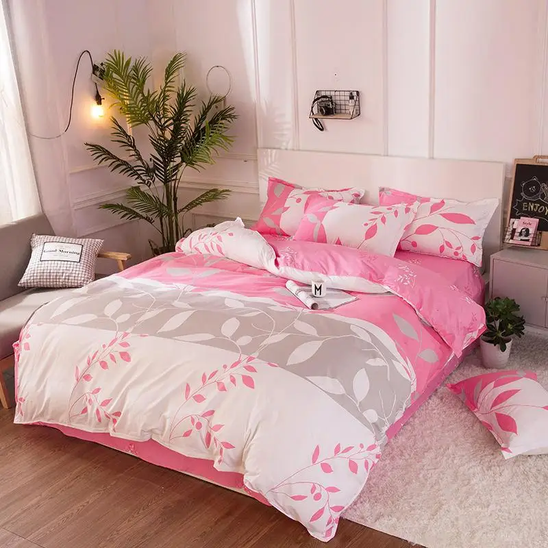 37Pink Leaf 4pcs Girl Boy Kid Bed Cover Set Duvet Cover Adult Child Bed Sheets And Pillowcases Comf