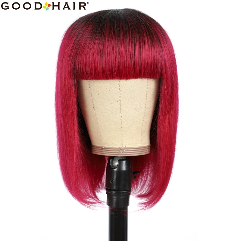 Peruca com Franja Brasileiro em Linha Peruca de Cabelo Peruca para Preto Ombre Vermelho Curto Reta Não Remy Humano Completa Máquina Feita Bom Cabelo Feminino Bob 6 High Quality Apliques e perucas