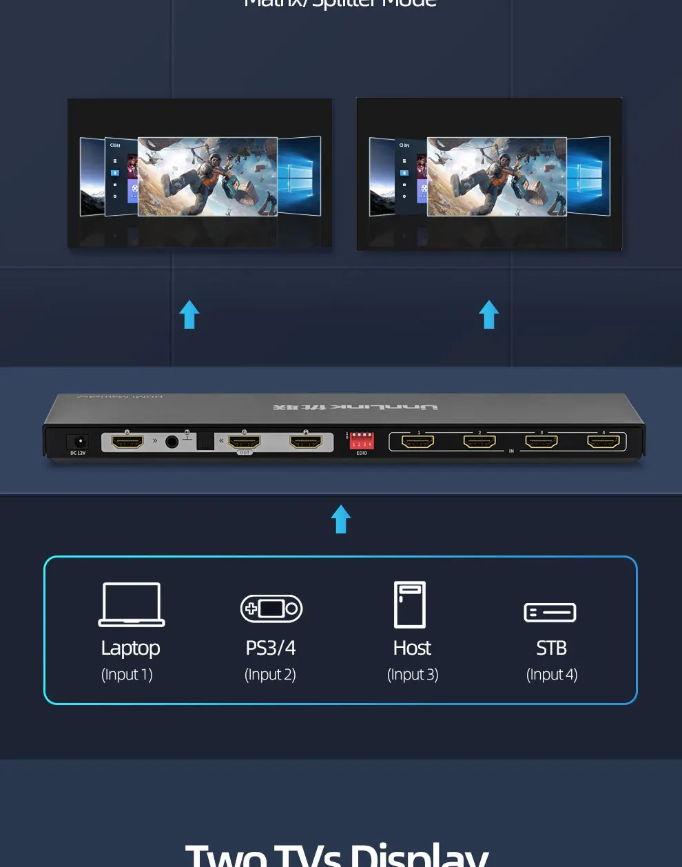 Unnlink HDMI Matrix 4x2 HDMI2.0 сплиттер HDCP2.2 4 k@ 60Hz 4 в 2 выход аудио экстрактор Toslink 3,5 Jack ARC для PS4 tv Box