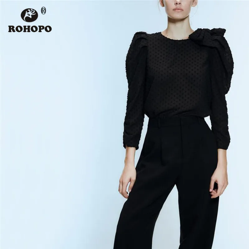

ROHOPO Long Sleeve Embroidery Polk Dot Black Blouse Shoulder Bow Round Collar Puff Sleeve Autumn Ladies Holiday Tops Blusa #6531