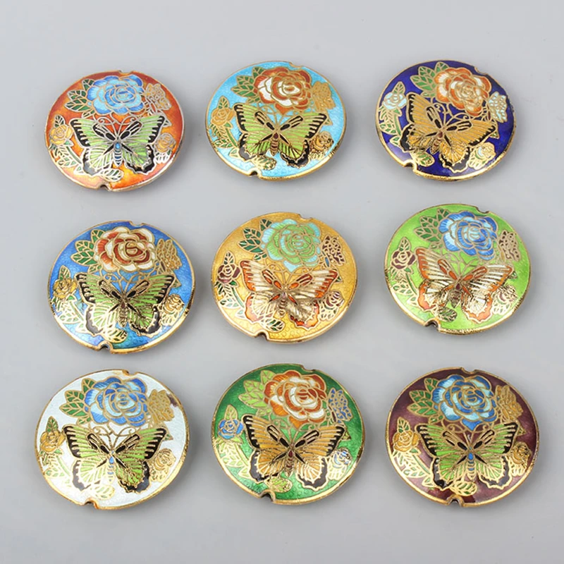 Handwork  Colorful Enamel Large Butterfly Round Bead Cloisonne Filigree Copper Accessories DIY Jewelry Making Necklace Pendants