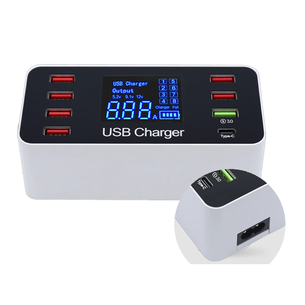 Digital Display LCD 8 Port USB Mobile Phone Smart Charger Tablet Quick Charge QC3.0 Type-C Quick Charging Head 40w XEDAIN