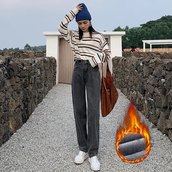 

black jeans high waisted jeans wide leg pants Casual Velvet Ladies Trousers fashion Winter Warm Jeans Woman High Waist