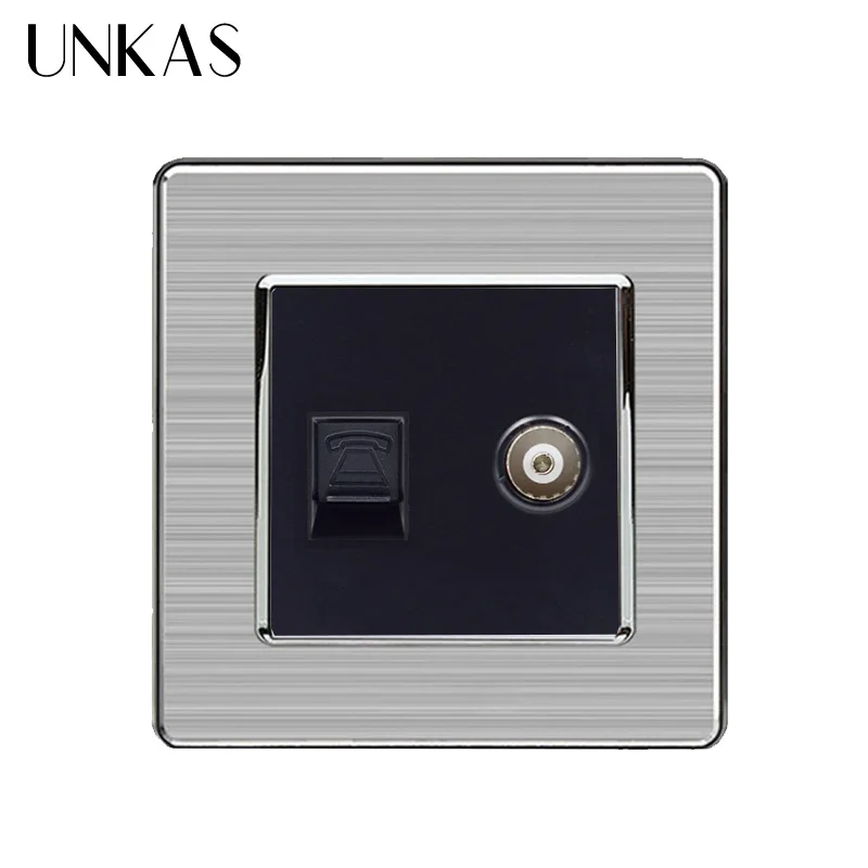 

UNKAS 2 Gang RJ11 2 Core Telephone Connector With Female TV Jack Stainless Steel Brushed Panel Wall Socket Outlet