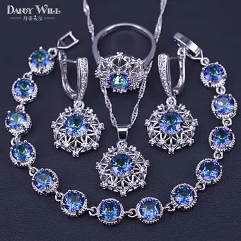 

Newest Silver Color Earrings Necklace Rings Bracelets Jewelry For Women Wedding Rainbow Cubic Zircon Jewelry Gift Box